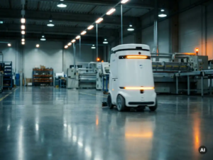 Weißer autonomer Reinigungsroboter auf poliertem Fabrikboden mit Bewegungsunschärfe an den Rädern und Deckenlichtern, die sich im Boden spiegeln.
