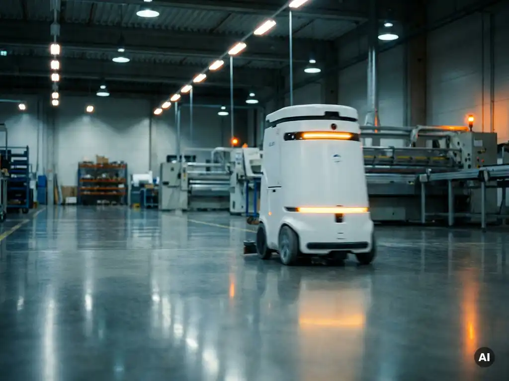 Weißer autonomer Reinigungsroboter auf poliertem Fabrikboden mit Bewegungsunschärfe an den Rädern und Deckenlichtern, die sich im Boden spiegeln.