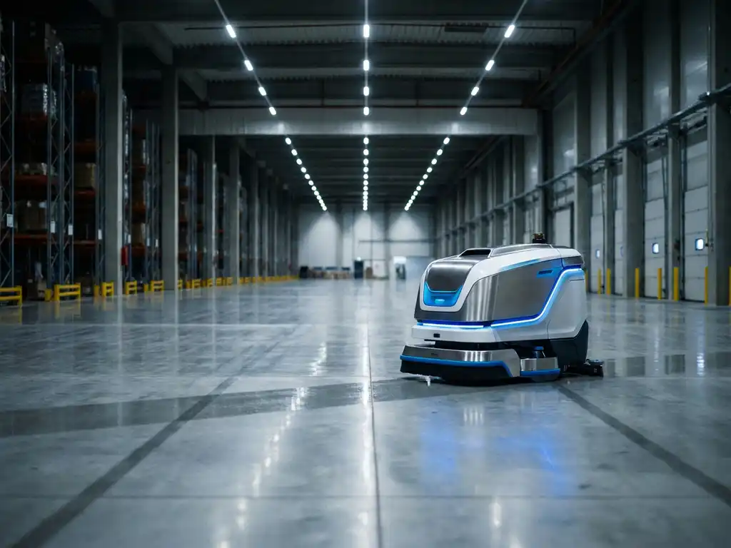 Autonomer Reinigungsroboter gleitet über glänzenden Betonboden einer weitläufigen Industriehalle mit kühlem Deckenlicht.