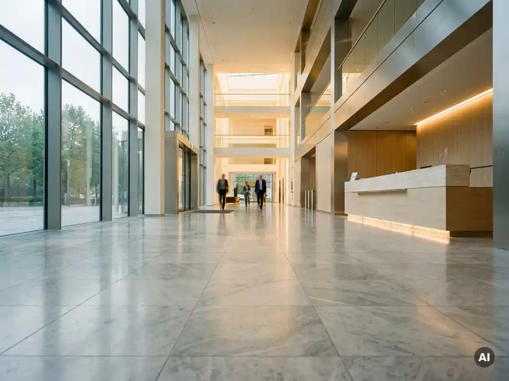Weitläufige Bürogebäude-Lobby in Nordrhein-Westfalen mit poliertem Marmorboden, Glasfassade und hellem Atrium.