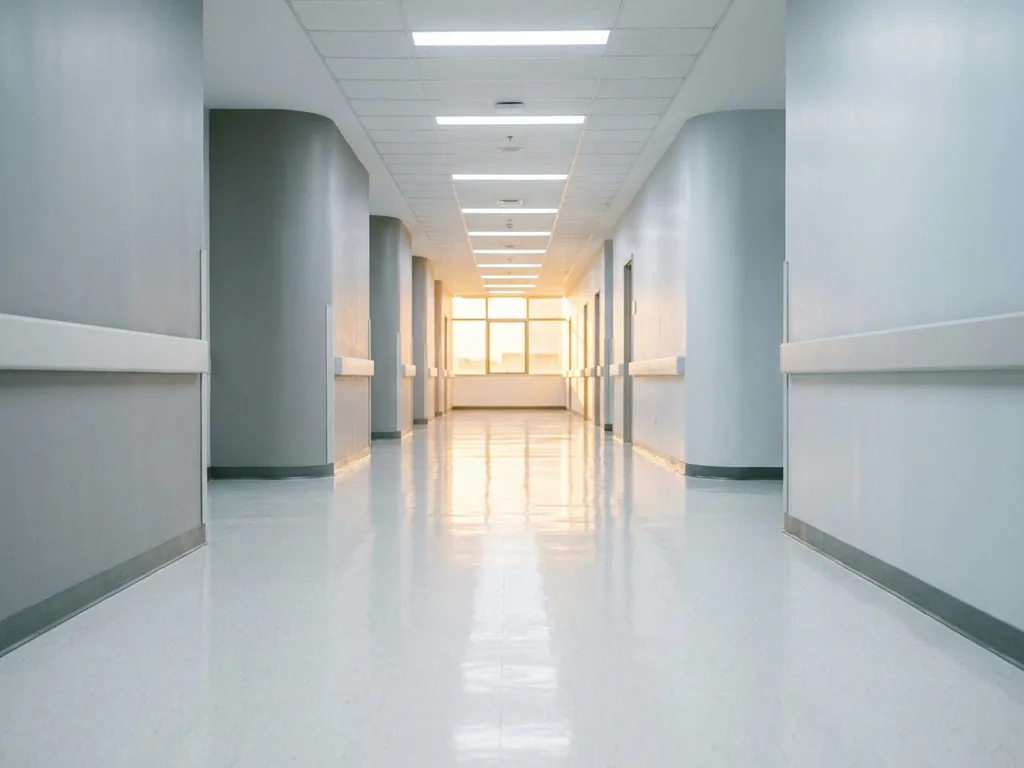 Leerer, sonnendurchfluteter Krankenhausflur mit glänzendem weißem Linoleumboden und warmer Umgebungsbeleuchtung.