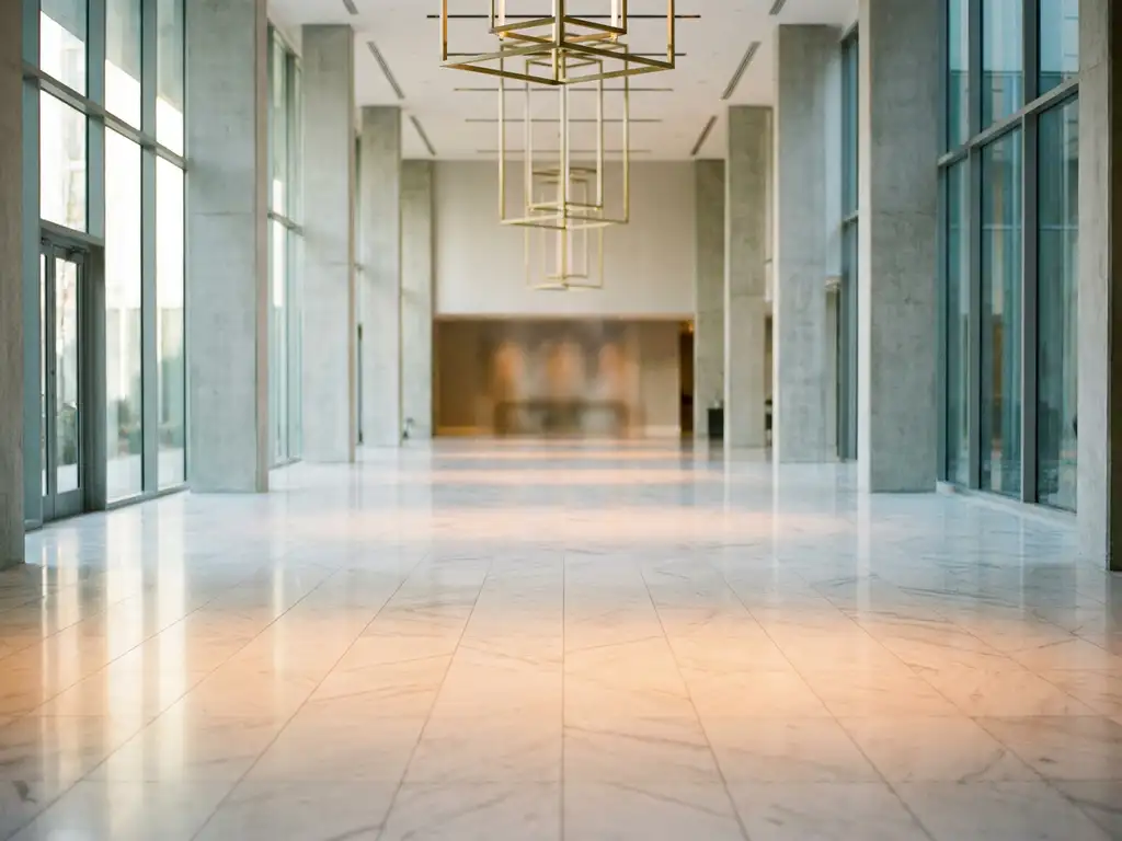 Leerer Hotellobby-Boden aus poliertem weißem Marmor mit modernen Säulen und warmem Licht aus deckenhohen Fenstern.