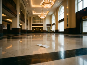 Weitläufige Hotellobby mit glänzendem Marmorboden, warmem Deckenlicht und einem zerknüllten Kassenbon in der Mitte des leeren Raums.