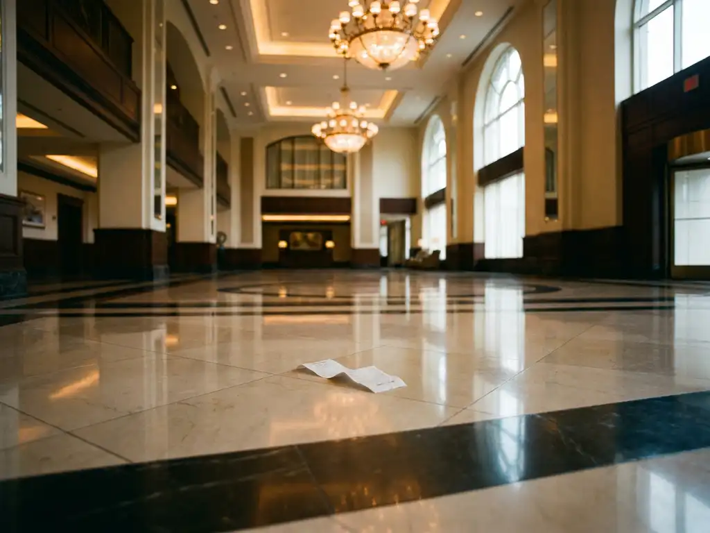 Weitläufige Hotellobby mit glänzendem Marmorboden, warmem Deckenlicht und einem zerknüllten Kassenbon in der Mitte des leeren Raums.