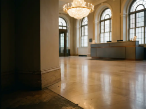 Elegante Hotellobby mit Marmorböden und Kronleuchter, ein staubiger Winkel hebt sich von der polierten Umgebung ab.