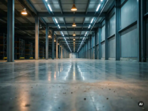 Leere Industriehalle mit poliertem Betonboden, Stahlträgerdecke und warmem Streifenlicht, das in die Tiefe führt.