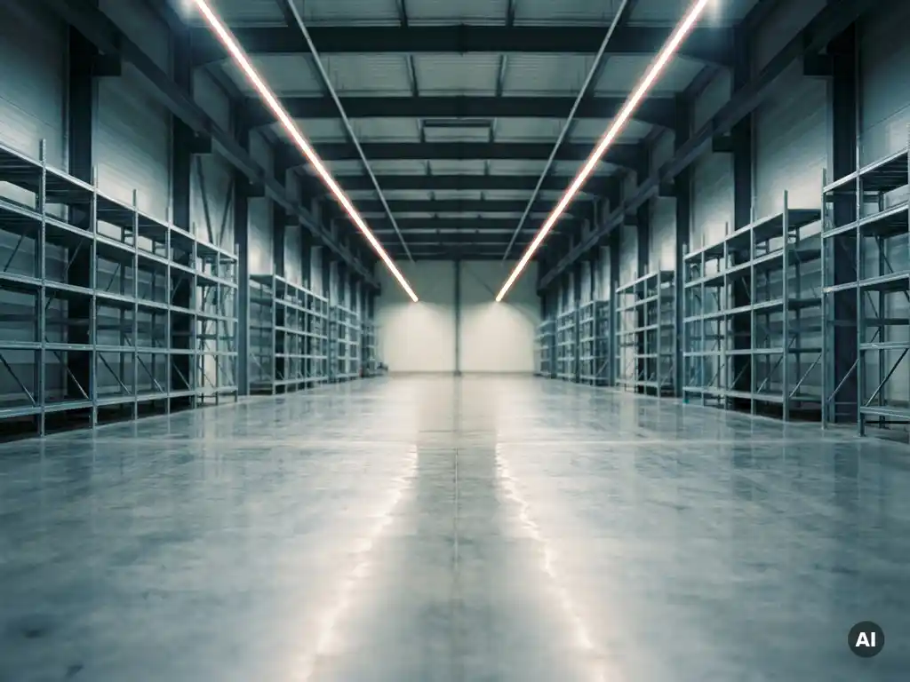 Weitläufiger Industrielagergang mit Metallregalen, poliertem Betonboden und LED-Beleuchtung in kühlen Stahl- und Weißtönen.
