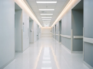 Leerer Krankenhausflur mit poliertem weißem Boden, der Neonlichter spiegelt, klinisch weiße Wände und geringe Schärfentiefe.