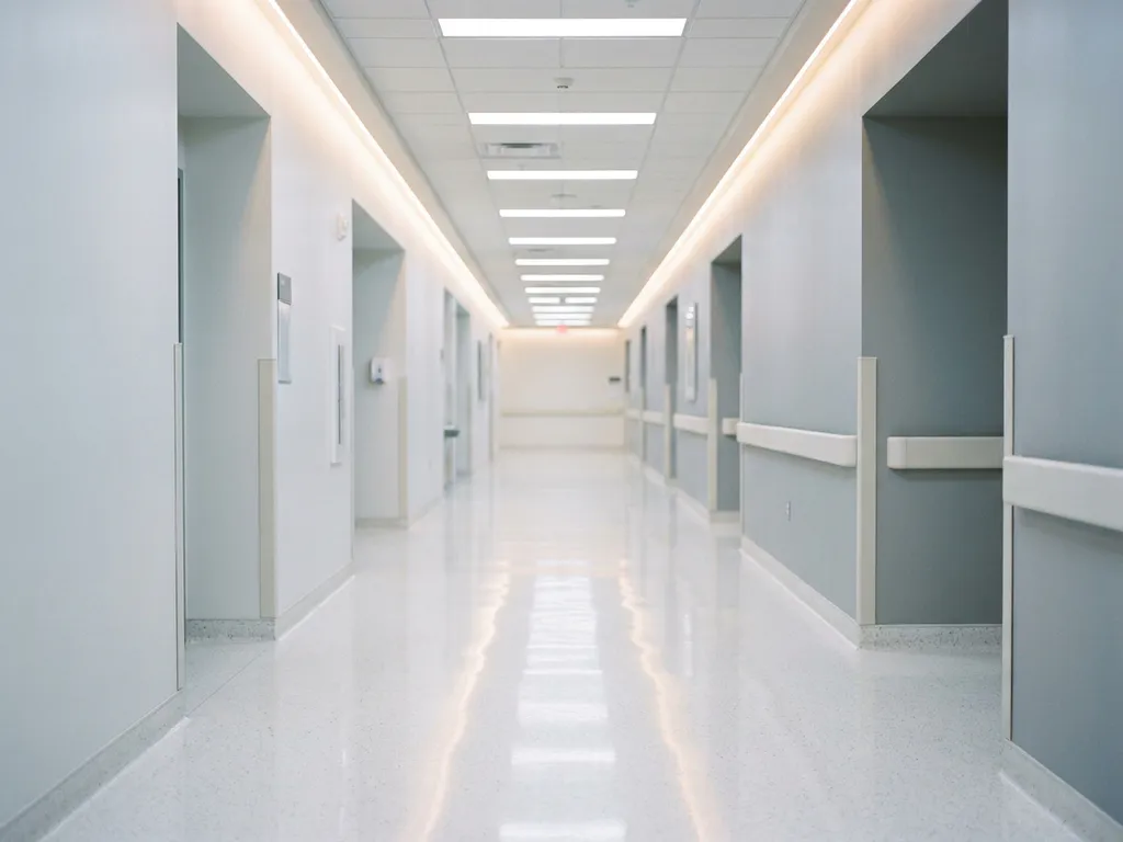 Leerer Krankenhausflur mit poliertem weißem Boden, der Neonlichter spiegelt, klinisch weiße Wände und geringe Schärfentiefe.