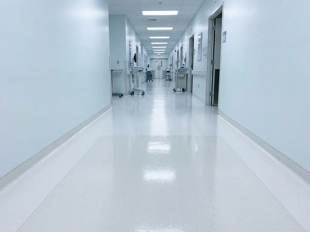 Leerer Krankenhausflur mit glänzendem weißen Boden unter hellem Deckenlicht, ein Bodenabschnitt besonders sauber und reflektierend.