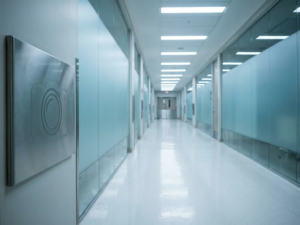 Leerer Krankenhausflur mit glänzendem weißen Boden, Neonbeleuchtung und Milchglaspaneelen, Datenschutzschild mit Kameralinsen-Motiv im Vordergrund.