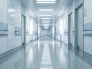 Weitläufiger Krankenhausflur mit poliertem Epoxidboden, weißen Wänden und kühlem Neonlicht in perspektivischer Tiefe.