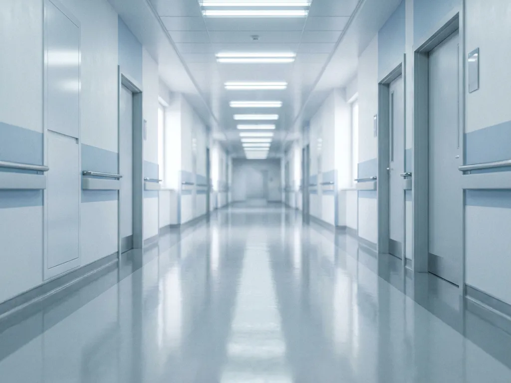 Weitläufiger Krankenhausflur mit poliertem Epoxidboden, weißen Wänden und kühlem Neonlicht in perspektivischer Tiefe.
