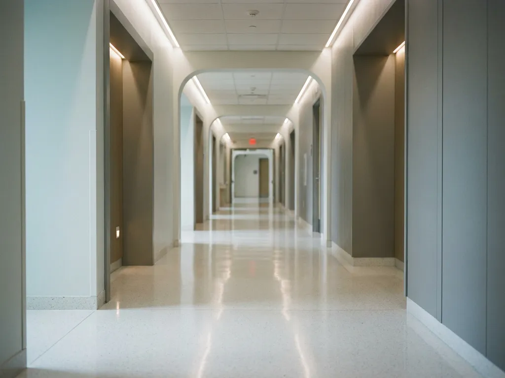 Leerer Krankenhausflur mit glänzendem weißen Boden und kühler Deckenbeleuchtung in klinischer Atmosphäre.