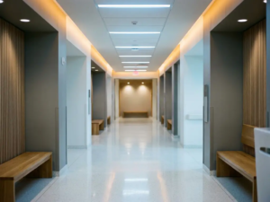 Leerer Krankenhausflur mit glänzendem weißen Boden, der Neonlicht reflektiert, und grau-weißen klinischen Wänden in kühlem Blauton.