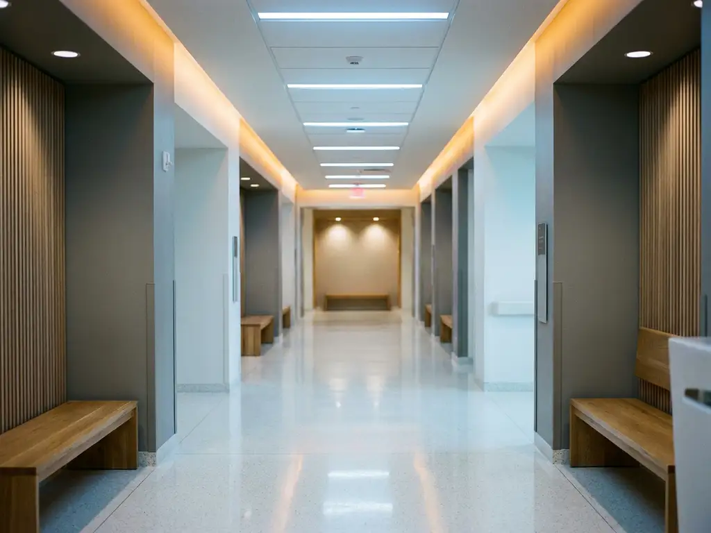 Leerer Krankenhausflur mit glänzendem weißen Boden, der Neonlicht reflektiert, und grau-weißen klinischen Wänden in kühlem Blauton.