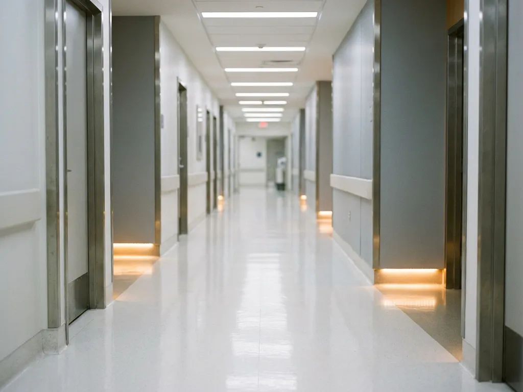 Leerer Krankenhausflur mit poliertem weißem Boden, klinisch weißen Wänden und warmem Umgebungslicht an den Türrahmen.