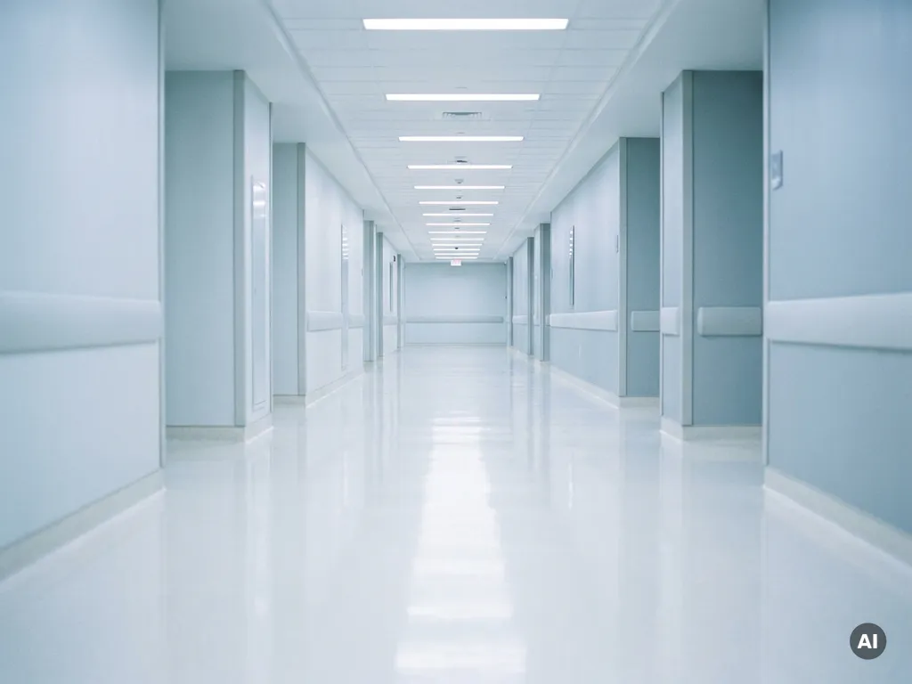 Leerer Krankenhausflur mit glänzendem weißem Linoleumboden und blau-grauen Wänden unter hellem Neonlicht.
