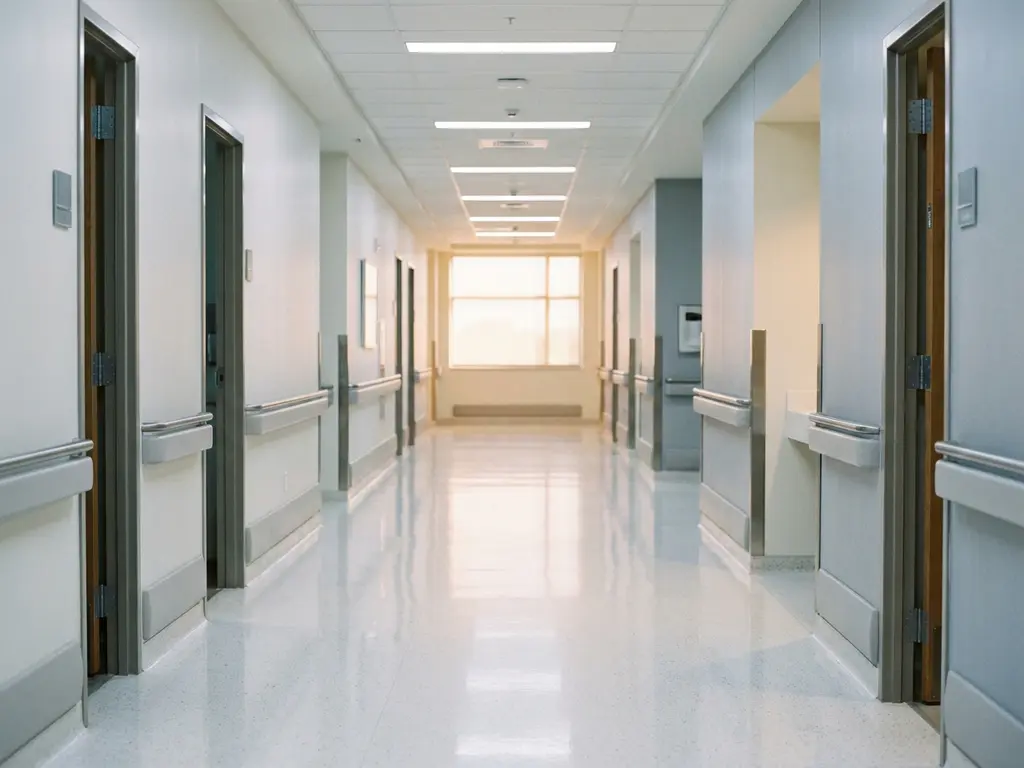 Leerer Krankenhausflur mit glänzendem weißen Boden, Neonbeleuchtung und klinisch sauberen Wänden in kühlen Grau- und Cremetönen.