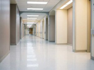 Weitläufiger Krankenhausflur mit glänzendem weißen Boden und fluoreszierender Deckenbeleuchtung in klinischer Atmosphäre.