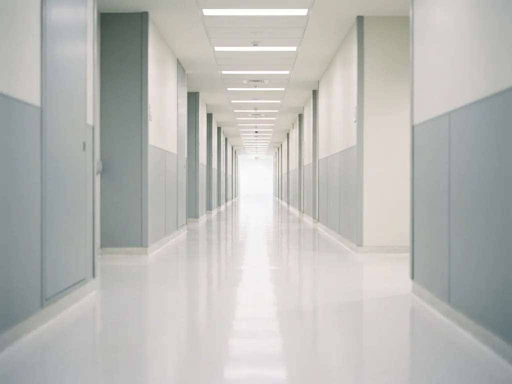 Langer Krankenhausflur mit glänzendem weißem Epoxidboden, der Neonlichter spiegelt, und klaren klinischen Wänden in Weiß und Hellgrau.