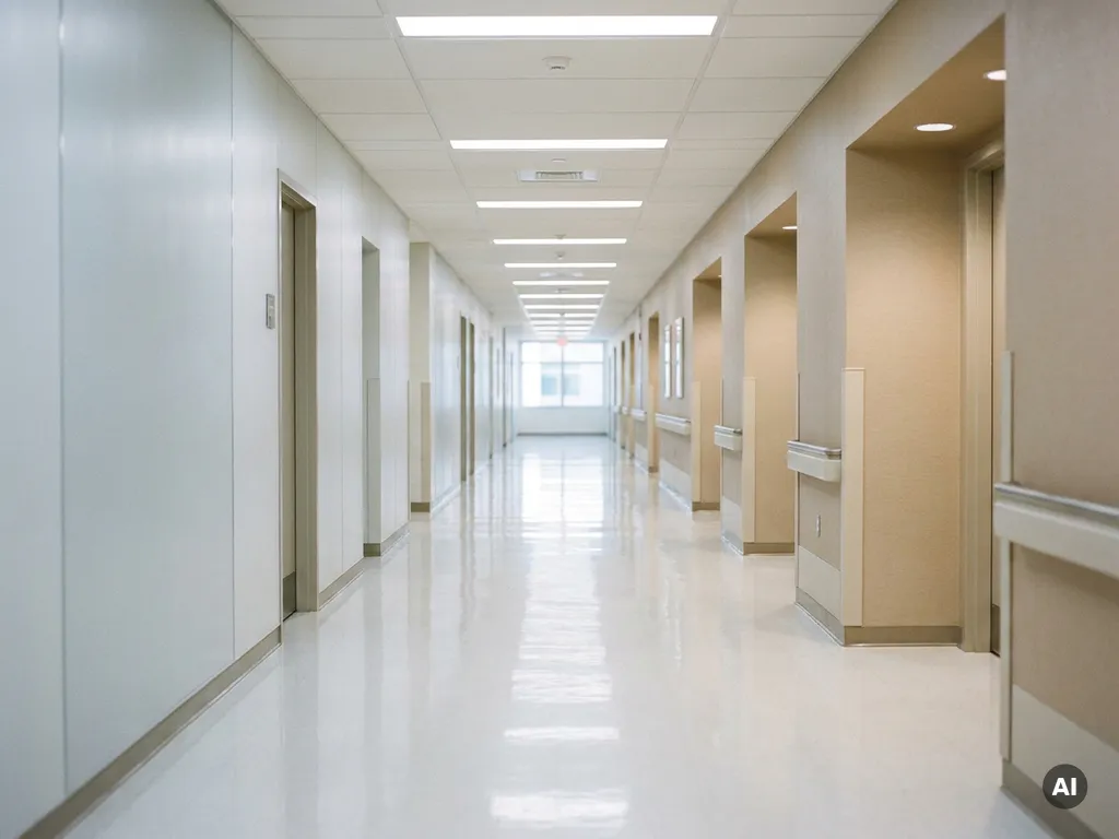 Leerer Krankenhausflur mit glänzendem weißem Boden und Fluoreszenslicht, der in der Ferne verschwindet.
