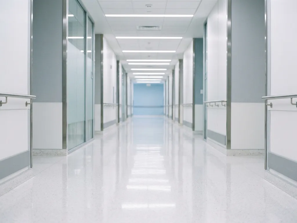Weitläufiger Krankenhausflur mit glänzendem weißen Boden und symmetrischer Perspektive in kühlen Blau- und Weißtönen.