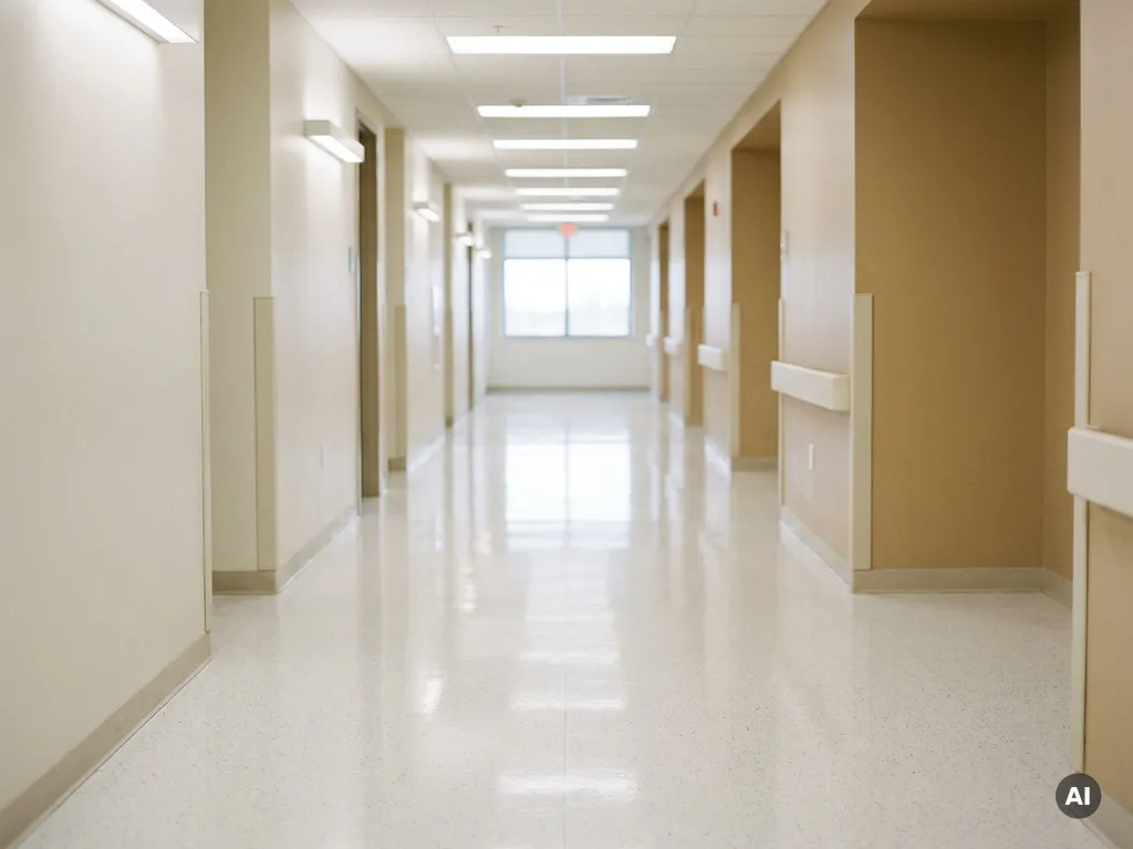 Leerer Krankenhausflur mit glänzendem weißem Boden und Neonlichtreflexen, klinisch sauber und weitläufig.