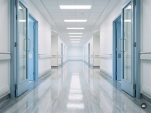 Leerer Krankenhausflur mit glänzendem Vinylboden, weißen Wänden und Fluchtpunkt unter Neonlicht.
