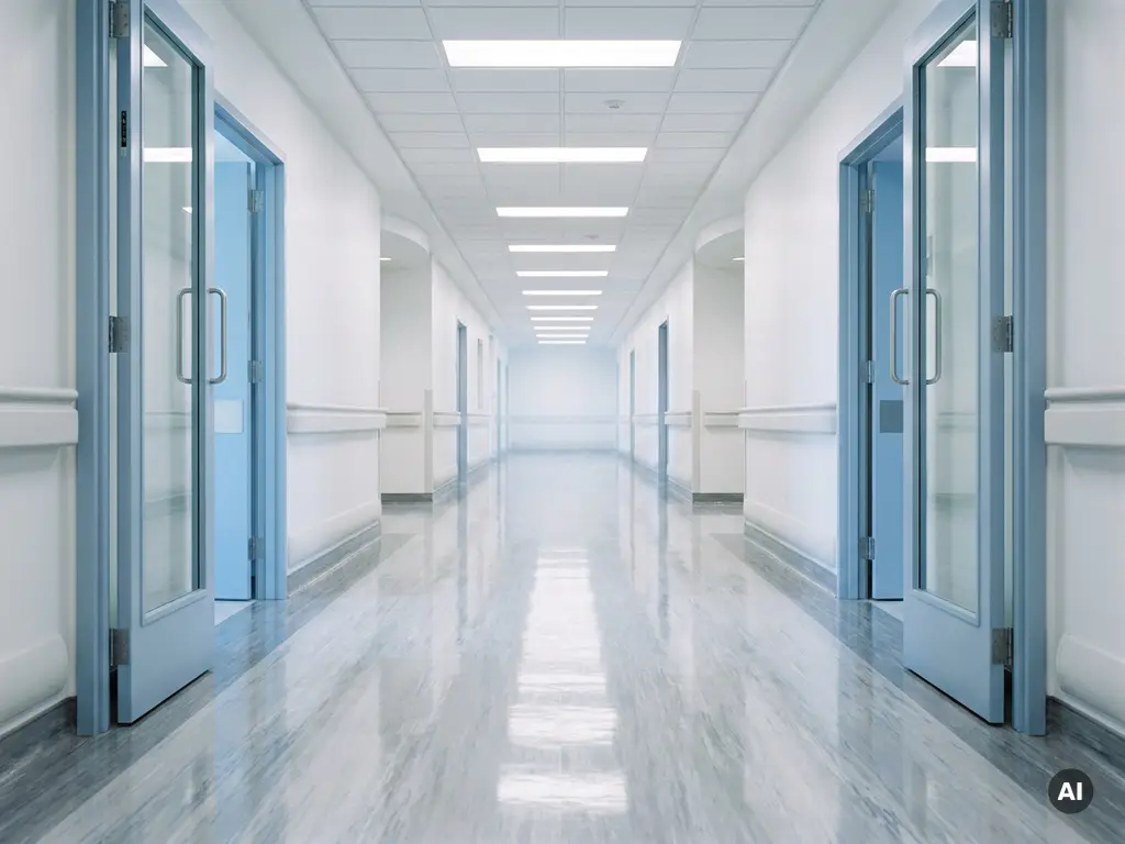 Leerer Krankenhausflur mit glänzendem Vinylboden, weißen Wänden und Fluchtpunkt unter Neonlicht.