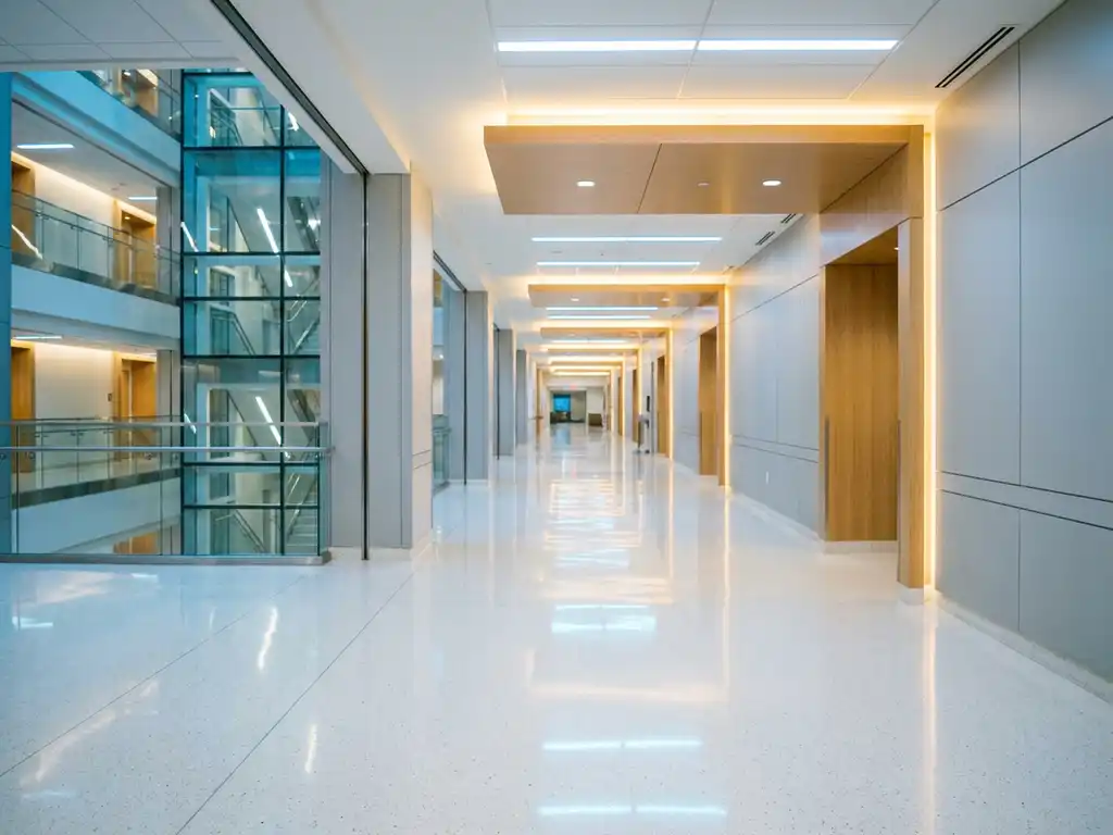 Weitläufiger Krankenhausflur mit poliertem weißem Boden, der fluoreszierendes Deckenlicht reflektiert, und gläsernem Treppenhaus im Hintergrund.