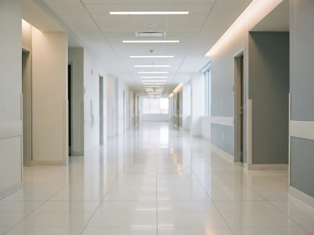 Leerer Krankenhausflur mit glänzendem weißem Boden, der Neonlicht reflektiert, und sich in die Tiefe erstreckenden klinischen Wänden.
