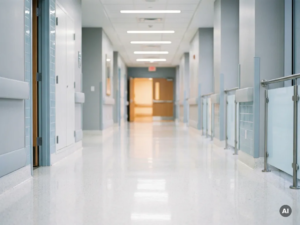 Langer Krankenhausflur mit glänzendem weißen Boden, der Neonlichter spiegelt, in kühlen Weiß- und Blautönen.