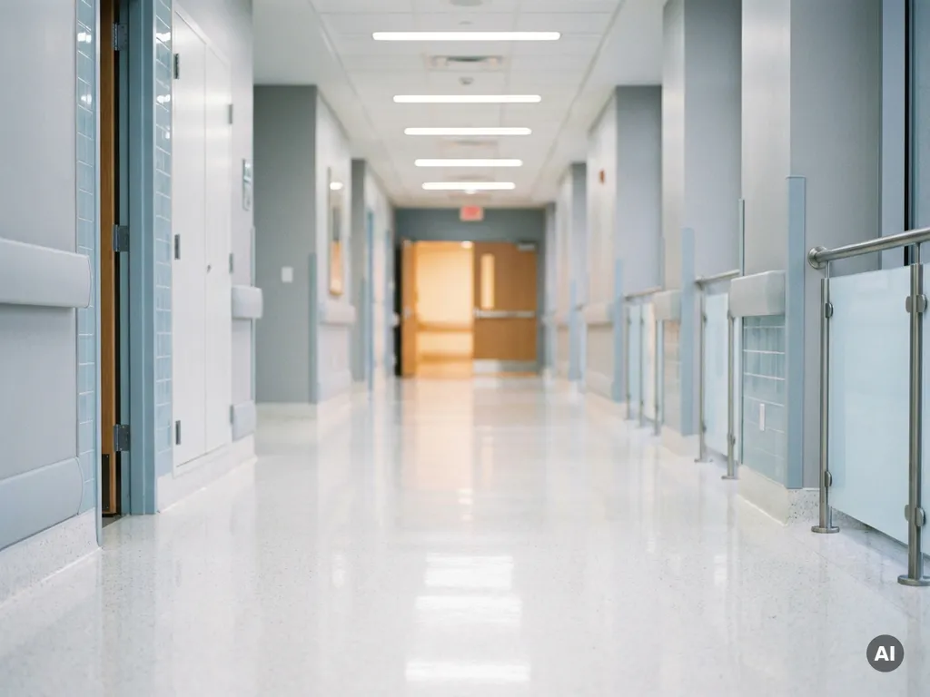 Langer Krankenhausflur mit glänzendem weißen Boden, der Neonlichter spiegelt, in kühlen Weiß- und Blautönen.