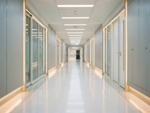 Leerer Krankenhausflur mit glänzendem weißem Boden, Neonbeleuchtung und symmetrischer Fluchtpunktperspektive.
