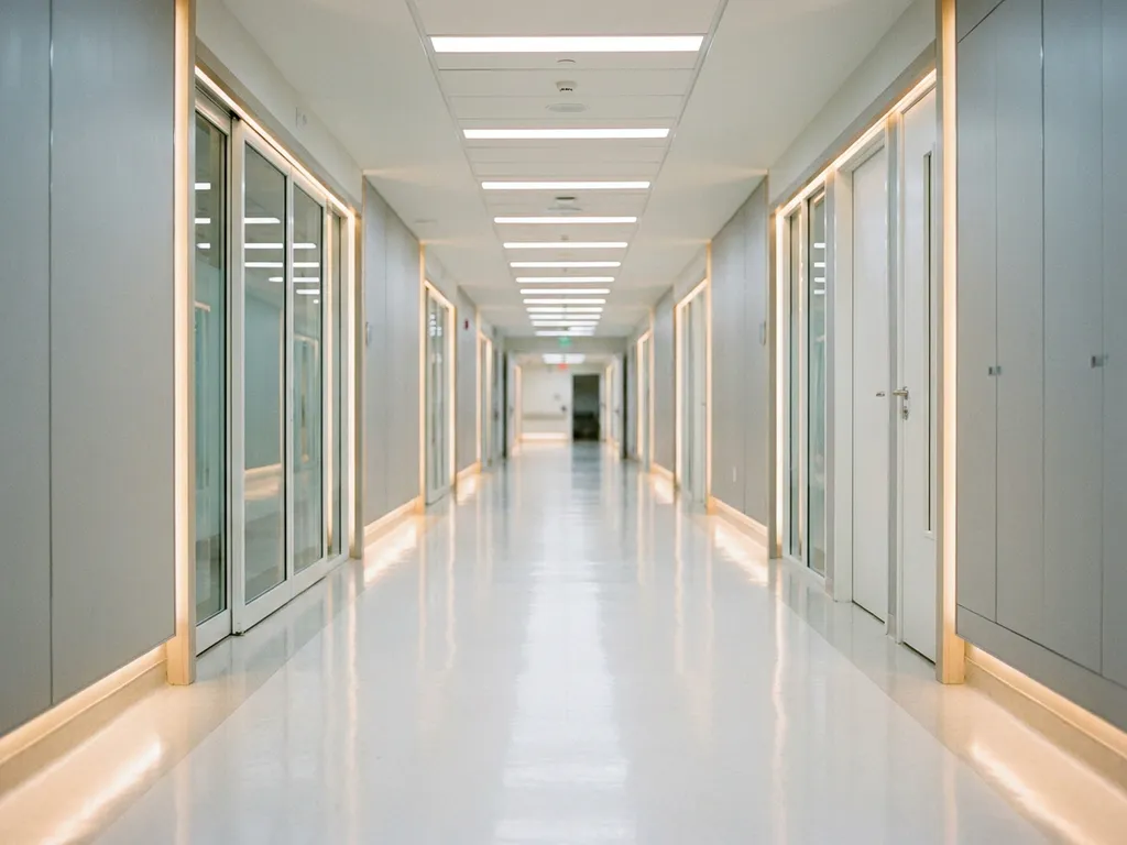 Leerer Krankenhausflur mit glänzendem weißem Boden, Neonbeleuchtung und symmetrischer Fluchtpunktperspektive.