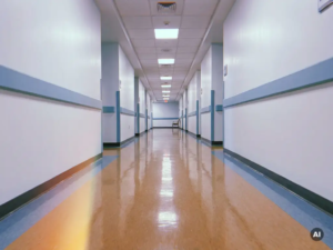 Leerer Krankenhausflur mit poliertem Linoleumboden, weißen Wänden und blauem Akzentdekor unter Neonlicht.