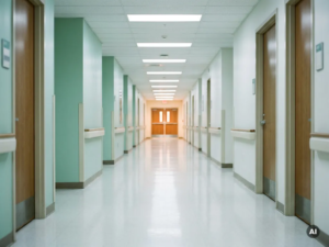 Leerer Krankenhausflur mit glänzendem Linoleumboden, mintgrünen Wänden und geschlossenen Patientenzimmertüren unter Neonlicht.