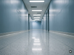 Leerer Krankenhausflur mit weißen Bodenfliesen und fluoreszierender Deckenbeleuchtung in klinischer Atmosphäre.