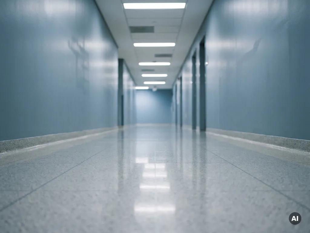 Leerer Krankenhausflur mit weißen Bodenfliesen und fluoreszierender Deckenbeleuchtung in klinischer Atmosphäre.