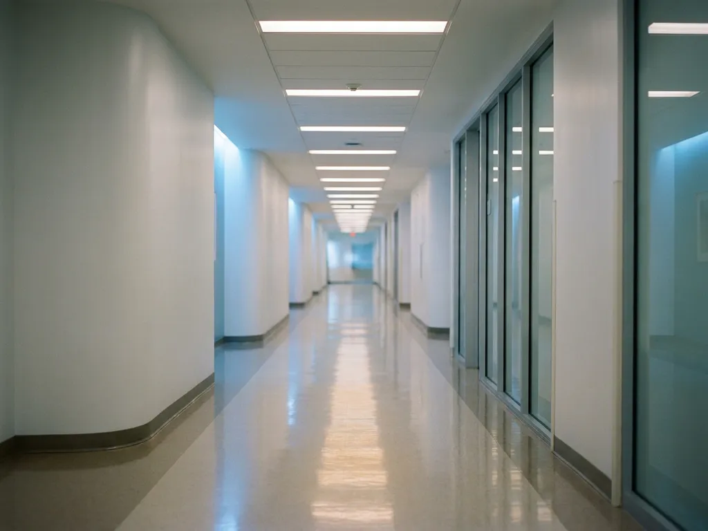 Leerer Krankenhausflur mit glänzendem Boden, weißen Wänden und Fluchtpunkt in der Tiefe, beleuchtet von Neonröhren.