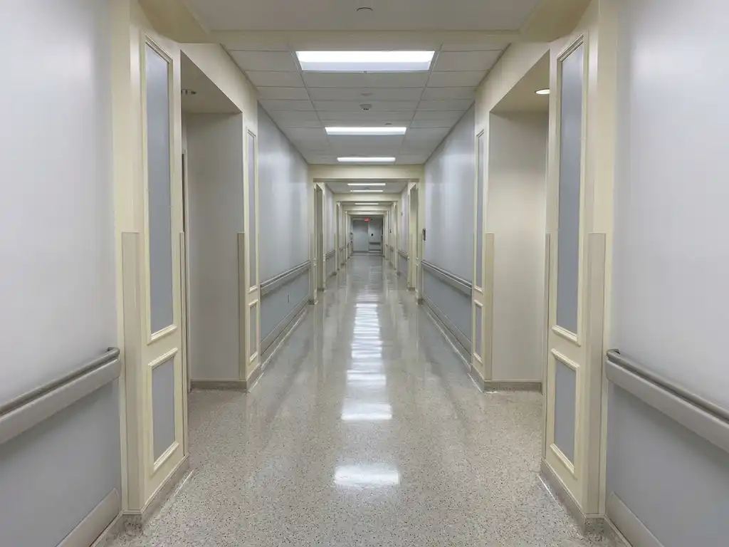 Leerer Krankenhausflur mit glänzendem Boden, weißen Wänden und Fluchtpunkt-Perspektive unter kühlem Neonlicht.
