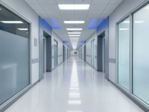 Leerer Krankenhausflur mit glänzendem weißen Epoxidboden und fluoreszierenden Deckenleuchten, die sich im Boden spiegeln.
