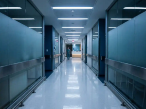 Leerer Krankenhausflur bei Nacht mit glänzendem weißem Boden und kühler Deckenbeleuchtung, die sich in der Tiefe des Raumes verliert.