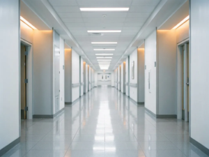 Leerer Krankenhausflur mit glänzendem Boden, symmetrischer Architektur und kühlem Neonlicht in Weiß- und Grautönen.