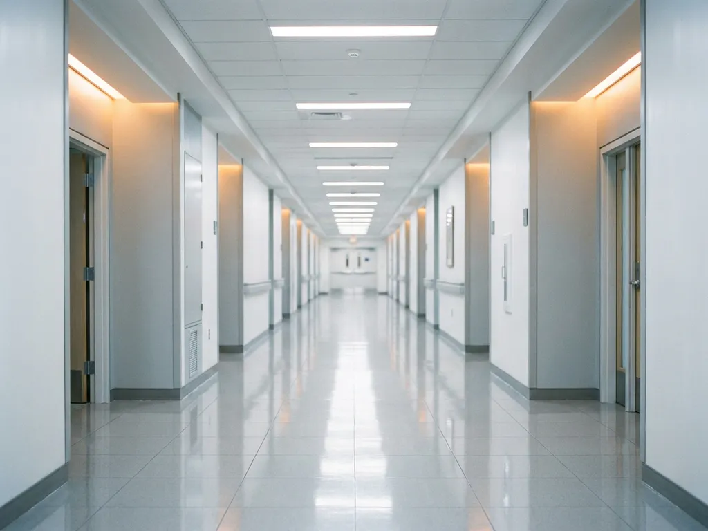 Leerer Krankenhausflur mit glänzendem Boden, symmetrischer Architektur und kühlem Neonlicht in Weiß- und Grautönen.