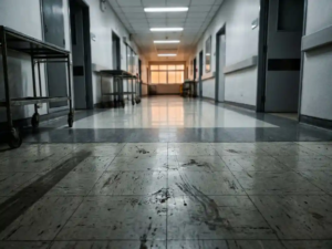 Schmutzige Krankenhausflure mit schmutzigen Bodenfliesen im Vordergrund, die zu sauberen, polierten Oberflächen im Hintergrund übergehen.