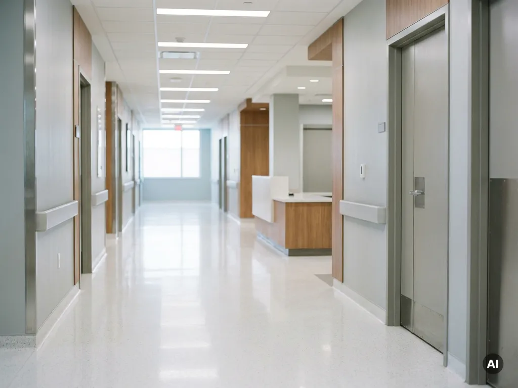Leerer Krankenhausflur mit glänzendem weißem Boden und Neonbeleuchtung, der in die Tiefe führt.