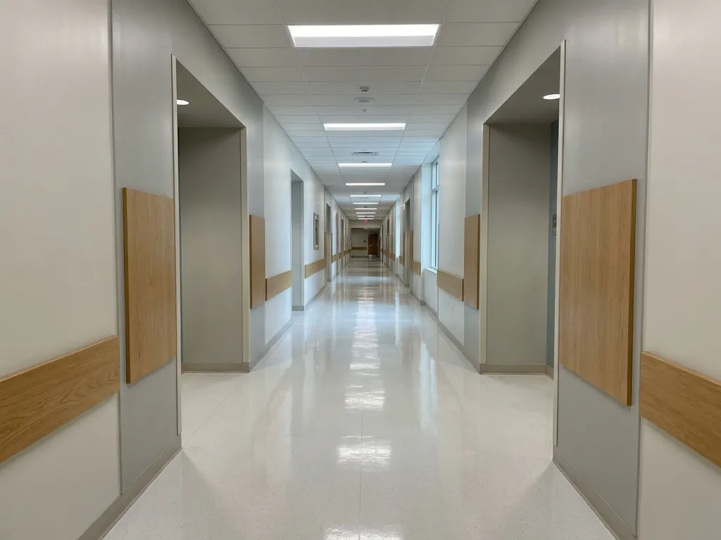 Weitläufiger Krankenhausflur mit glänzendem weißen Linoleumboden und kühler Deckenbeleuchtung, die sich zum Fluchtpunkt erstreckt.