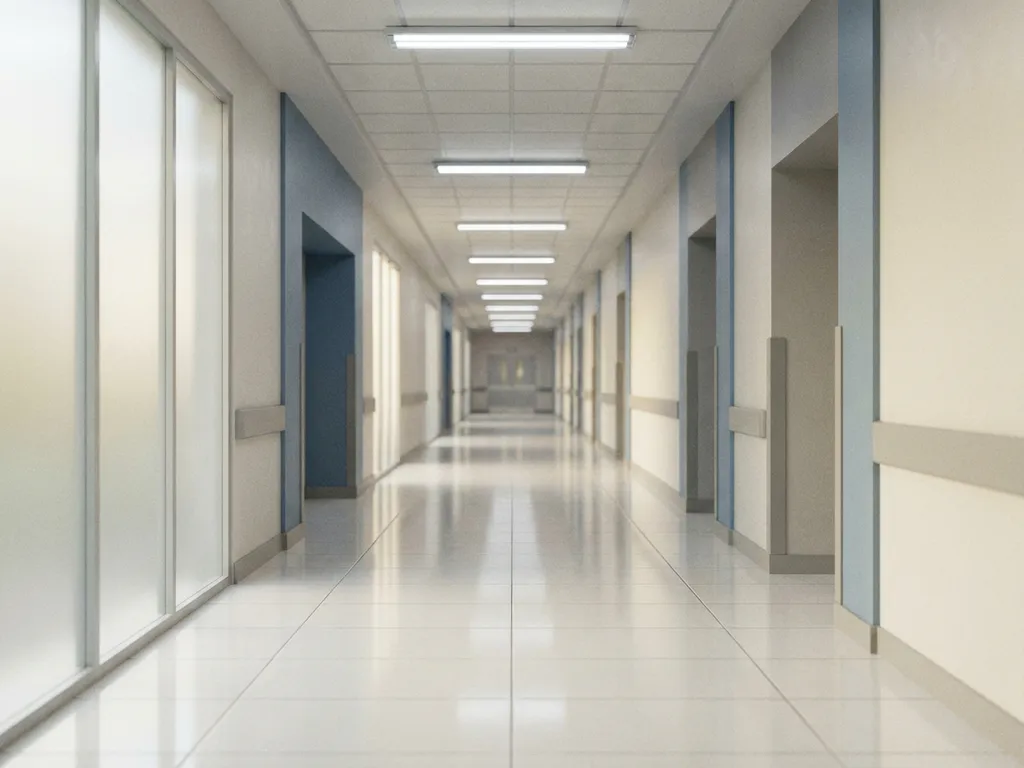 Leerer Krankenhausflur mit glänzenden weißen Bodenfliesen, Neonlicht und linearer Fluchtpunktperspektive.